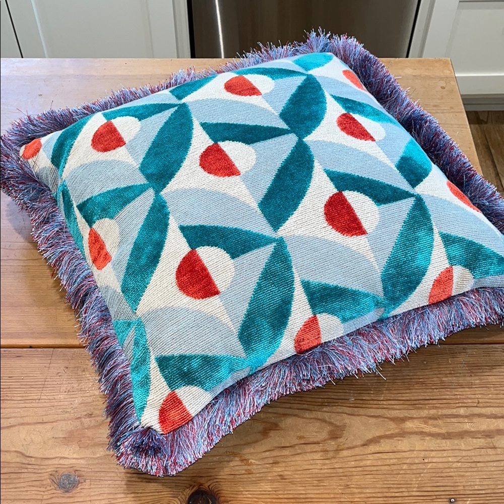Anthropologie Geometric Teal, Red & White Fringed Accent Pillow